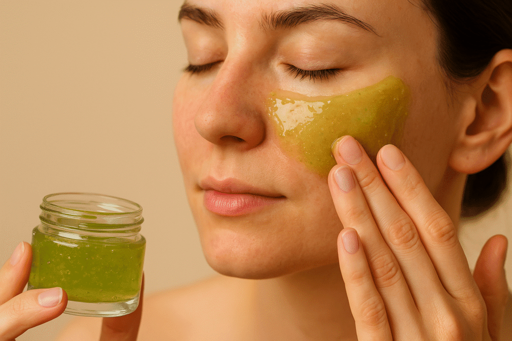 Žena nanáší na tvář zelený gel z aloe vera a medu přímo ze skleničky, oči zavřené v relaxačním výrazu.
